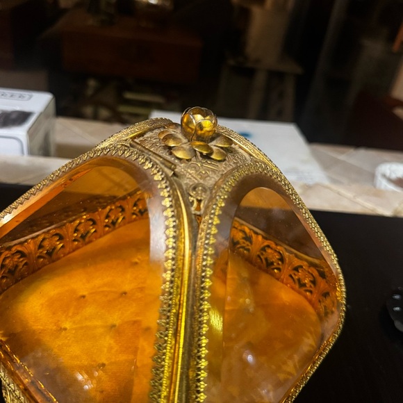 Rare Ormulo Amber Jewelry Casket Pyramid Gold Filigree beveled Glass large - Picture 3 of 7